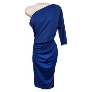 Retro Royal Blue One Shoulder Draped Bodycon Party Dress - Size Large
